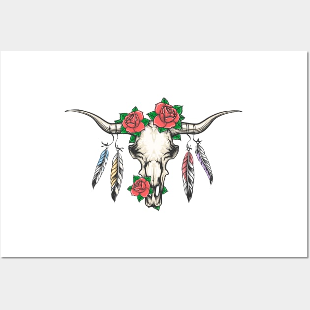 Bull Skull with Feathers and Flowers Wall Art by devaleta